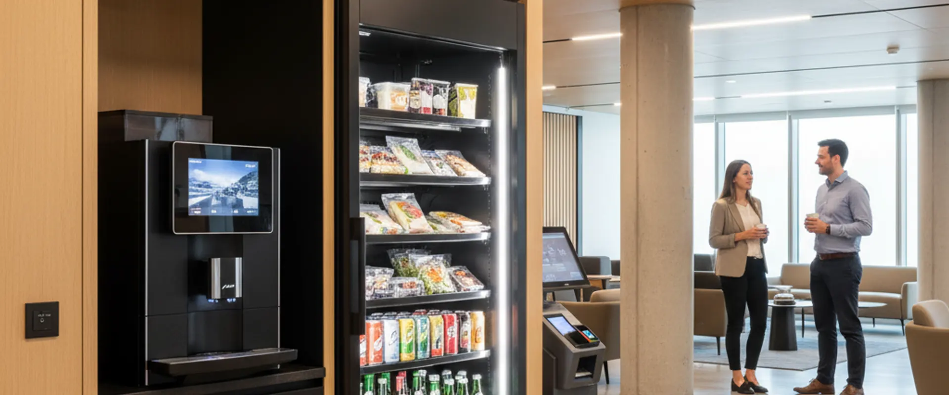 Moderner Pausenraum mit Kaffeevollautomat und Micro-Market