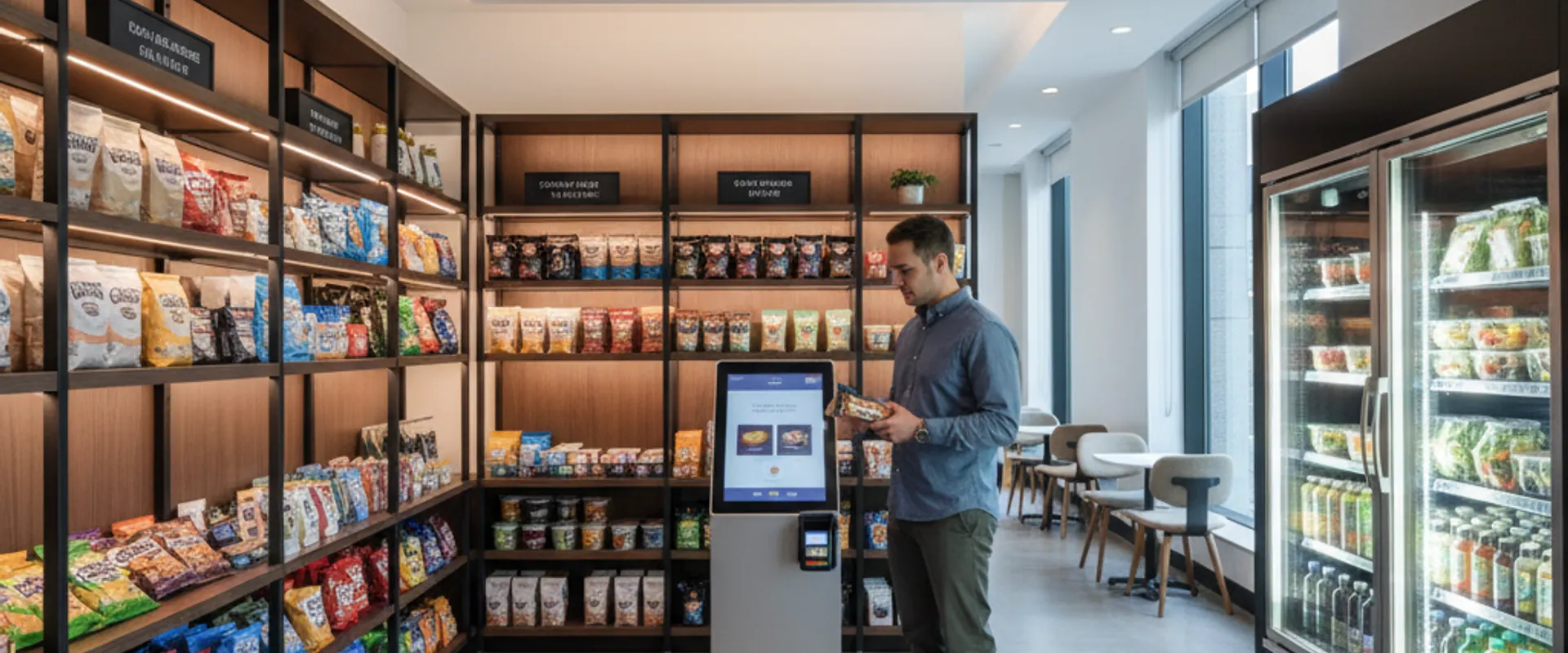 Micro-Market mit offenen Regalen, Kühlschränken und Self-Checkout Terminal in einem Unternehmen