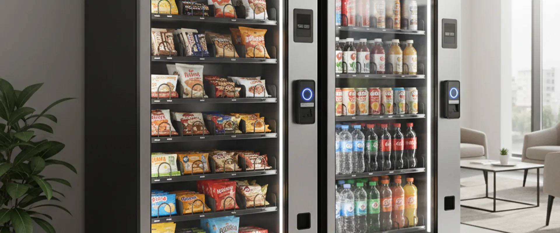 Moderner Verpflegungsautomat mit Glasfront und LED-Beleuchtung im Full-Service von Bosta Vending